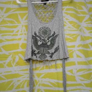 Forever 21 Gray Fringe Crop Top with Eagle Design
